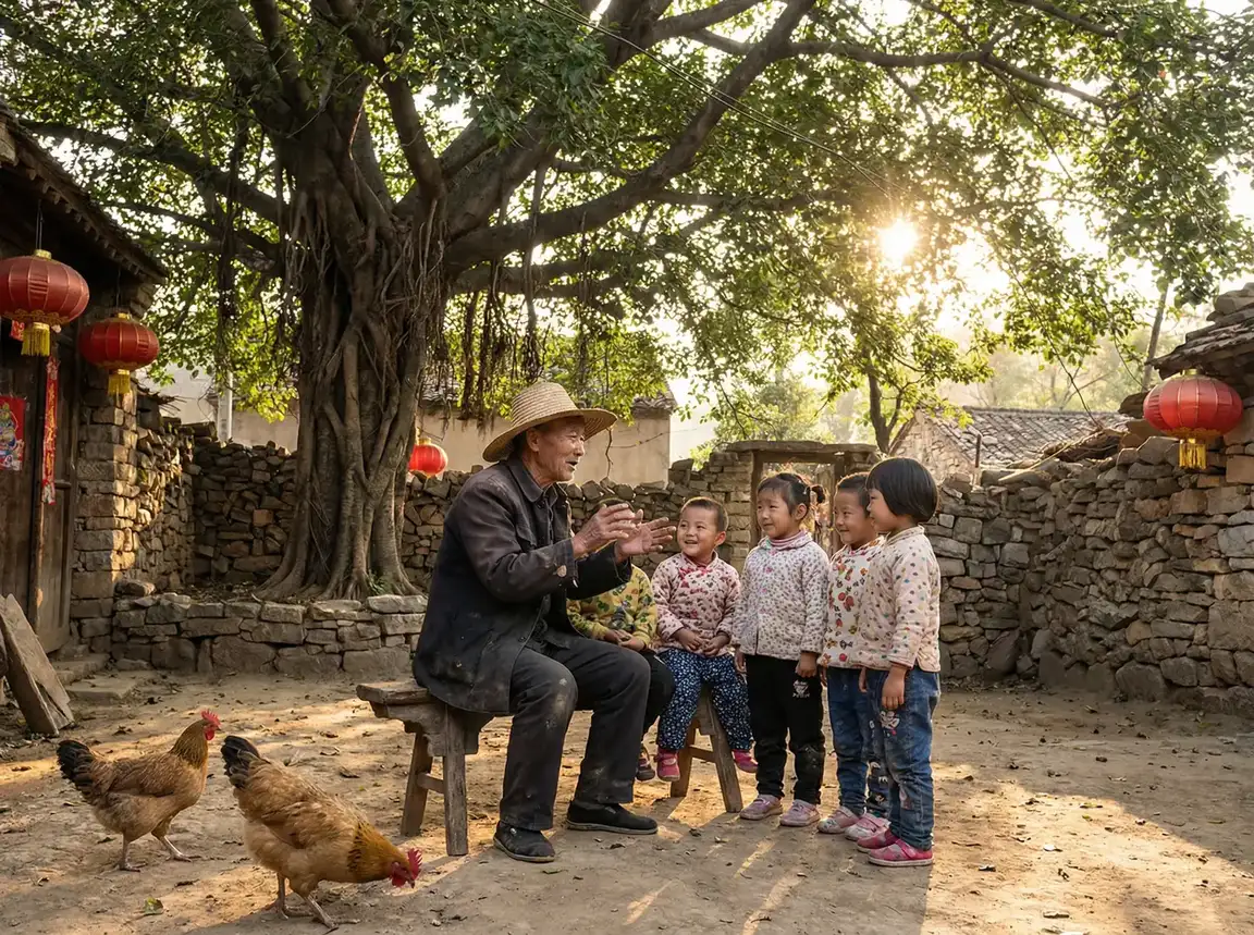 老人在大榕树下给孩子们讲故事 - 理在线 乡村记忆